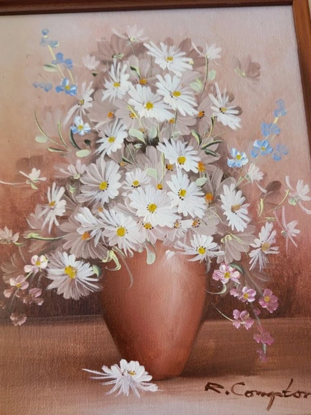 Vintage R. Compton Oil Painting - White Daisies in Vase - in Linen Liner Frame